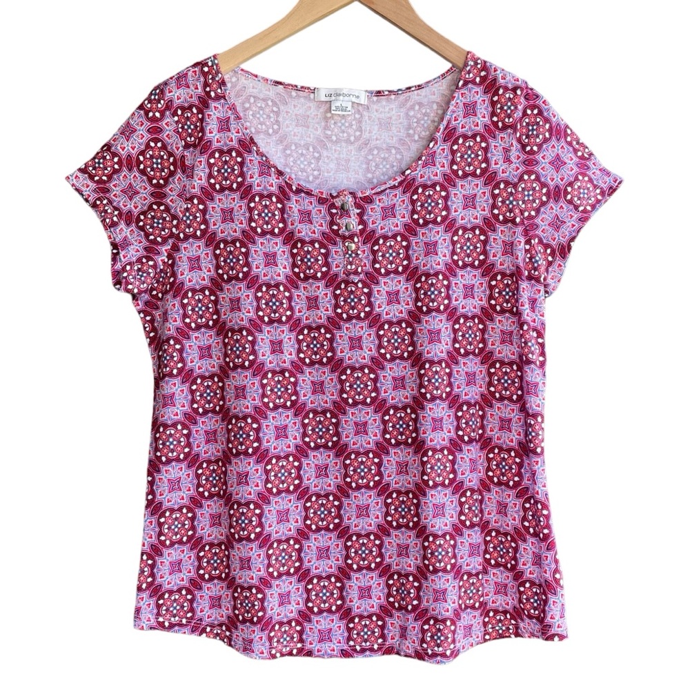 Liz Claiborne Classic T-Shirt Size L Red White Blue Tee Shirt Preppy Cotton+